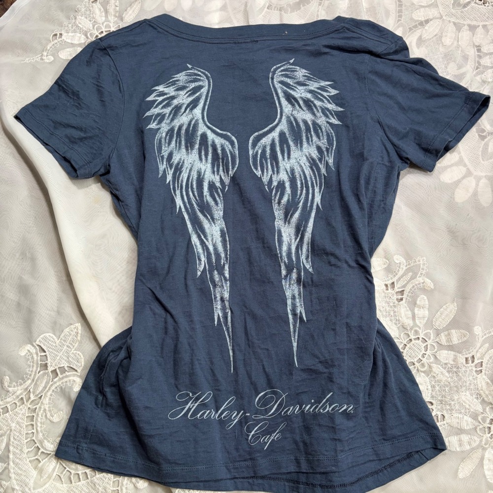 Y2K Harley-Davidson Las Vegas Winged Heart V-Neck Graphic Tee Blue XL
